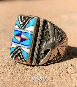 Old Fred Harvey Era Navajo Sterling Silver Multi Stone Inlay Thunderbird Ring