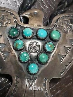 Old Fred Harvey Era Navajo Sterling Silver Snake Eye Turquoise Eagle Bolo Tie