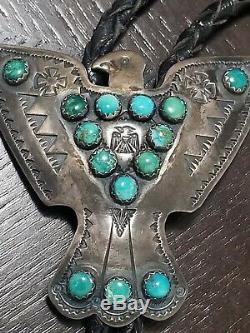 Old Fred Harvey Era Navajo Sterling Silver Snake Eye Turquoise Eagle Bolo Tie