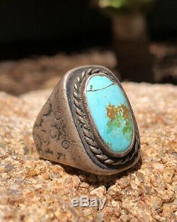 Old Fred Harvey Era Navajo Sterling Silver Stamped Blue Gem Turquoise Men's Ring