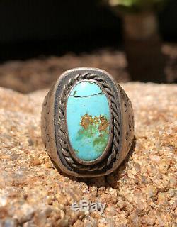 Old Fred Harvey Era Navajo Sterling Silver Stamped Blue Gem Turquoise Men's Ring