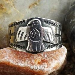 Old Fred Harvey Era Navajo Thunderbird Ring Size 7.75 Cigar Band Decorated 925