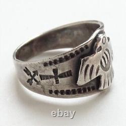 Old Fred Harvey Era Navajo Thunderbird Ring Size 7.75 Cigar Band Decorated 925