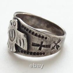 Old Fred Harvey Era Navajo Thunderbird Ring Size 7.75 Cigar Band Decorated 925