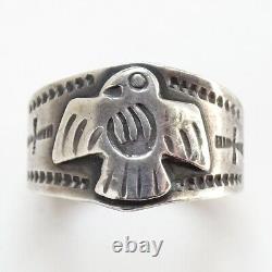 Old Fred Harvey Era Navajo Thunderbird Ring Size 7.75 Cigar Band Decorated 925