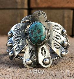 Old Fred Harvey Era Navajo Thunderbird & Turquoise Sterling Silver Cuff Bracelet