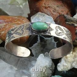 Old Fred Harvey Era Navajo Turquoise Cuff Bracelet Whirling Logs Stamp Decorated