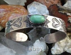 Old Fred Harvey Era Navajo Turquoise Cuff Bracelet Whirling Logs Stamp Decorated