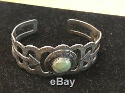 Old Fred Harvey Era Pawn Sterling Silver GREEN TURQUOISE Arrow Cuff Bracelet