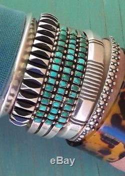 Old Fred Harvey Era Silver 3 Row Greens & Blue Square Turquoise Cuff Bracelet