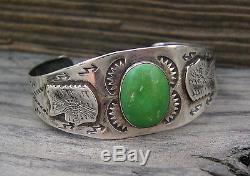 Old Fred Harvey Era Silver Green Turquoise Indian Chief Snake Bracelet