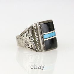 Old Fred Harvey Era Sterling Silver Thunderbird Kachina Inlay Onyx Ring Sz 11.75