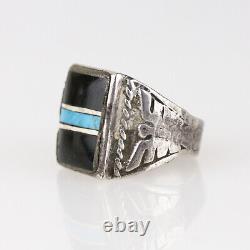 Old Fred Harvey Era Sterling Silver Thunderbird Kachina Inlay Onyx Ring Sz 11.75