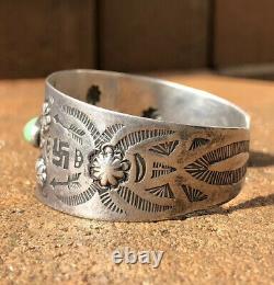 Old Fred Harvey Navajo Coin Silver Royston Turquoise Whirling Log Cuff Bracelet