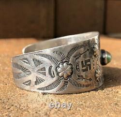 Old Fred Harvey Navajo Coin Silver Royston Turquoise Whirling Log Cuff Bracelet