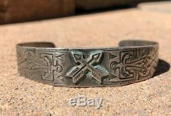 Old Fred Harvey Navajo Sterling Silver ARROW & THUNDERBIRD Stamped Cuff Bracelet