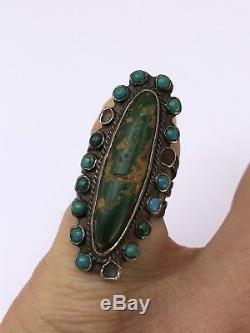 Old Fred Harvey Navajo Sterling Silver Petit Point Green Turquoise Stones Ring