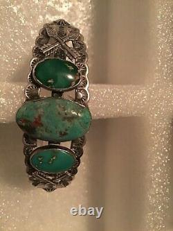 Old Fred Harvey Navajo Sterling Silver Turquoise Arrow Cuff Bracelet