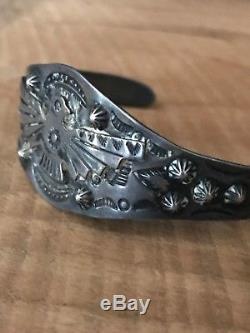 Old Fred Harvey sterling silver wide repousse thunderbird large cuff bracelet