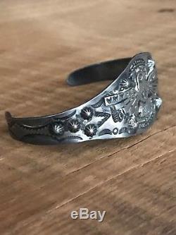 Old Fred Harvey sterling silver wide repousse thunderbird large cuff bracelet