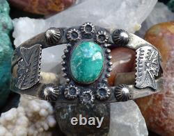Old Navajo Fred Harvey Era Green Turquoise Chief Head Cuff Bracelet Sterling