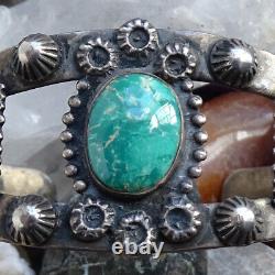 Old Navajo Fred Harvey Era Green Turquoise Chief Head Cuff Bracelet Sterling