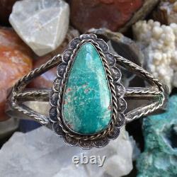 Old Navajo Fred Harvey Era Green Turquoise Sterling Cuff Bracelet with Stamping
