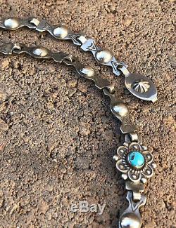 Old Navajo Fred Harvey Stamped Sterling Silver Turquoise Native Link Necklace