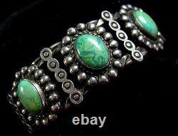 Old Navajo Fred Harvey era Twisted Wire Silver Green Turquoise 3 Stone Bracelet