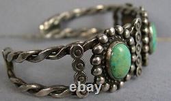 Old Navajo Fred Harvey era Twisted Wire Silver Green Turquoise 3 Stone Bracelet