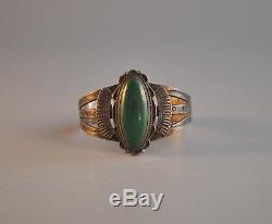 Old Navajo Handstamped Silver Bracelet Lg Green Turquoise Fred Harvey Era