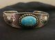 Old Navajo Turquoise Cuff Bracelet Decorated Sterling Silver Fred Harvey Tested