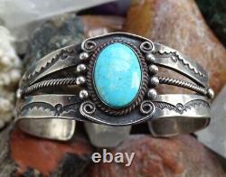 Old Navajo Turquoise Cuff Bracelet Fred Harvey Era Handmade 34g Stamped Design
