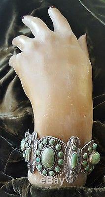 Old Pawn Antigue Silver Turquoise Navajo Pre-Fred Harvey Stamped Bracelet