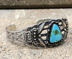 Old Pawn Fred Harvey Blue Gem Turquoise Stamped Sterling Silver Cuff Bracelet