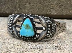 Old Pawn Fred Harvey Blue Gem Turquoise Stamped Sterling Silver Cuff Bracelet