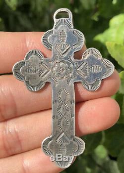 Old Pawn Fred Harvey Ear Navajo Sterling Silver Stamped Cross Pendant 2 3/4
