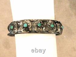 Old Pawn Fred Harvey Era By Bell Sterling Navajo Turquoise Early Cuff Bracelet
