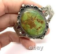 Old Pawn Fred Harvey Era Large Green Turquoise Sterling Silver Cuff Bracelet