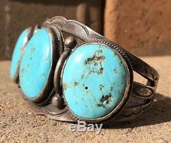 Old Pawn Fred Harvey Era Navajo Blue Gem Turquoise Sterling Silver Cuff Bracelet