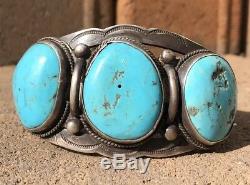 Old Pawn Fred Harvey Era Navajo Blue Gem Turquoise Sterling Silver Cuff Bracelet