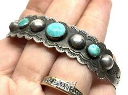 Old Pawn Fred Harvey Era Navajo Coin Silver Turquoise 6.75 Cuff Bracelet
