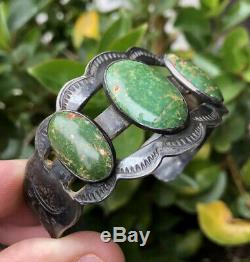 Old Pawn Fred Harvey Era Navajo Green Turquoise Sterling Silver Cuff Bracelet
