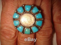 Old Pawn Fred Harvey Era Navajo Silver Turquoise California Gold Token Ring 8.5