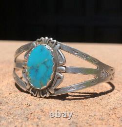 Old Pawn Fred Harvey Era Navajo Sterling Sliver Turquoise Stamped Cuff Bracelet