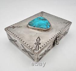Old Pawn Fred Harvey Era Sterling Silver Bisbee Turquoise Stamped Trinket Box