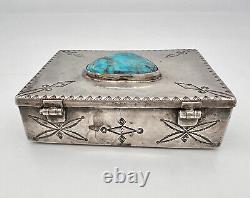 Old Pawn Fred Harvey Era Sterling Silver Bisbee Turquoise Stamped Trinket Box
