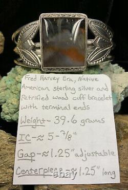 Old Pawn, Fred Harvey Era Sterling Silver & Petrified Wood Cuff Bracelet, 39.6g