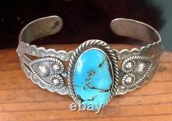 Old Pawn Fred Harvey Era Sterling Silver Turquoise W Stamping Cuff Bracelet