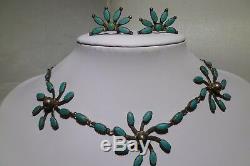 Old Pawn Fred Harvey Era Turquoise Necklace Earrings Sterling Silver Zuni Estate